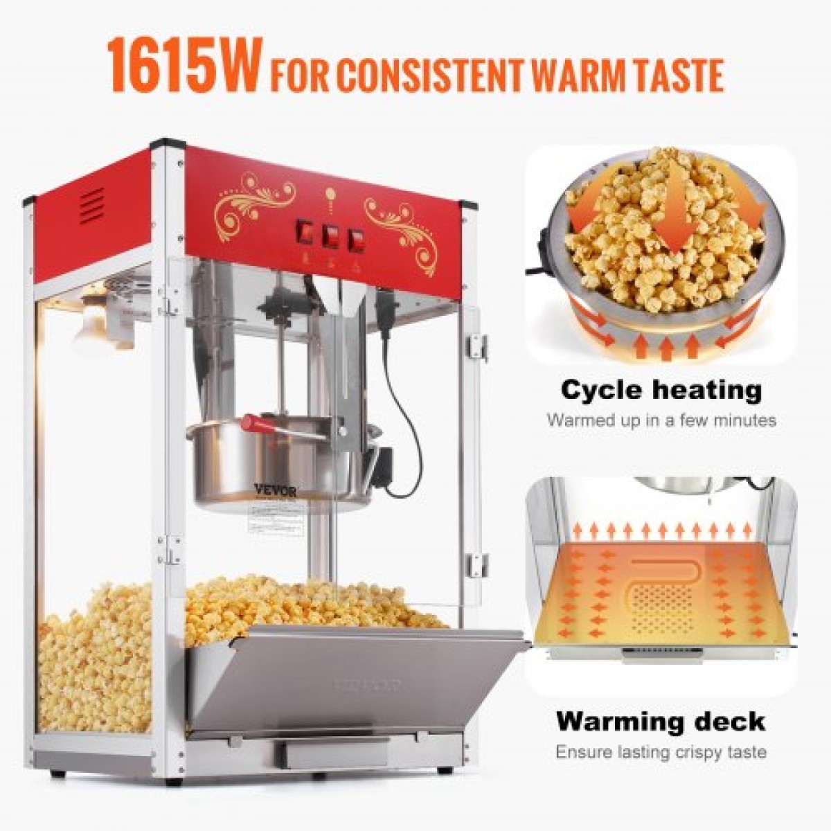 VEVOR Popcorn Maker, 1615W Popcorn Popper Machine, 16 Oz Βραστήρας μεγάλης χωρητικότητας Πάγκος παρασκευής ποπ κορν με σκληρυμένο γυαλί, Περιλαμβάνει 3 σέσουλες από ανοξείδωτο χάλυβα, κινηματογραφικό στυλ, κόκκινο