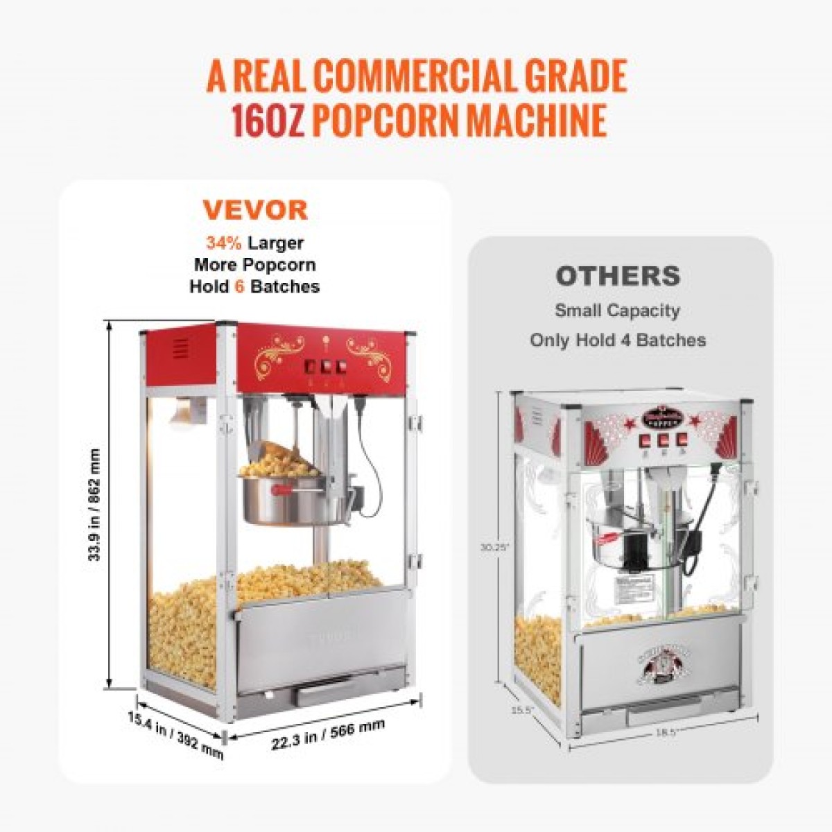 VEVOR Popcorn Maker, 1615W Popcorn Popper Machine, 16 Oz Βραστήρας μεγάλης χωρητικότητας Πάγκος παρασκευής ποπ κορν με σκληρυμένο γυαλί, Περιλαμβάνει 3 σέσουλες από ανοξείδωτο χάλυβα, κινηματογραφικό στυλ, κόκκινο
