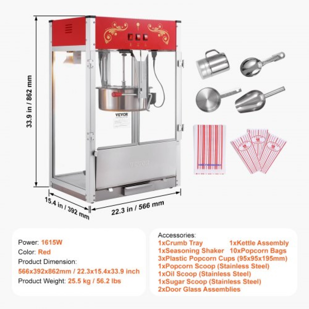 VEVOR Popcorn Maker, 1615W Popcorn Popper Machine, 16 Oz Βραστήρας μεγάλης χωρητικότητας Πάγκος παρασκευής ποπ κορν με σκληρυμένο γυαλί, Περιλαμβάνει 3 σέσουλες από ανοξείδωτο χάλυβα, κινηματογραφικό στυλ, κόκκινο