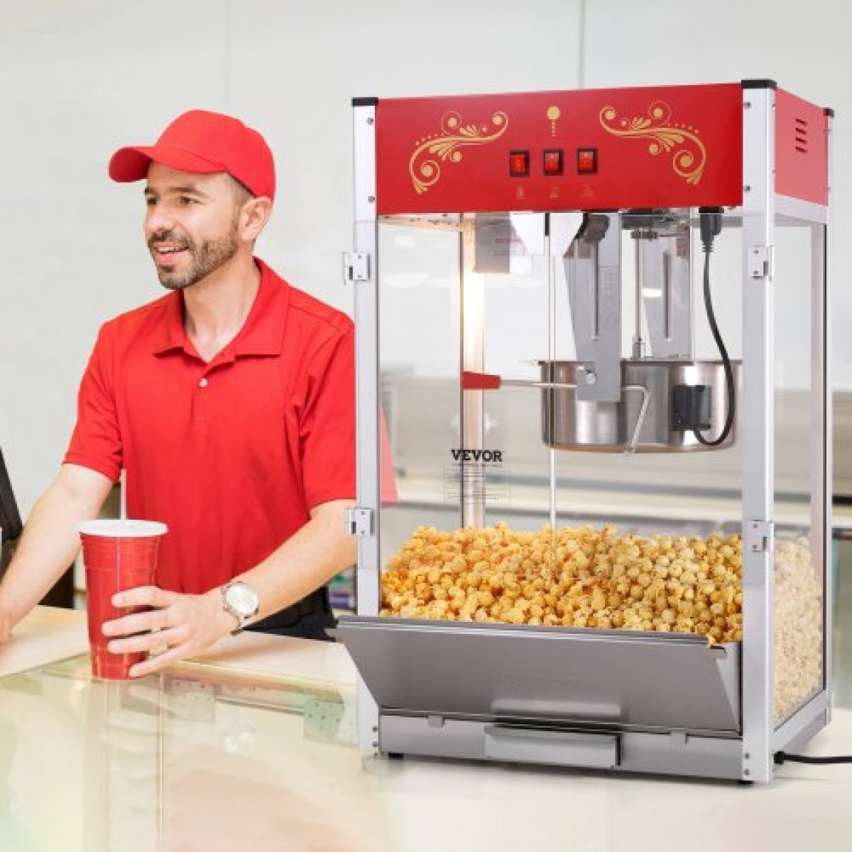 VEVOR Popcorn Maker, 1615W Popcorn Popper Machine, 16 Oz Βραστήρας μεγάλης χωρητικότητας Πάγκος παρασκευής ποπ κορν με σκληρυμένο γυαλί, Περιλαμβάνει 3 σέσουλες από ανοξείδωτο χάλυβα, κινηματογραφικό στυλ, κόκκινο