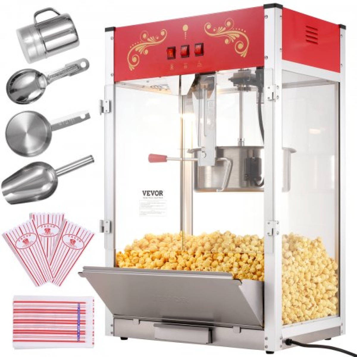 VEVOR Popcorn Maker, 1615W Popcorn Popper Machine, 16 Oz Βραστήρας μεγάλης χωρητικότητας Πάγκος παρασκευής ποπ κορν με σκληρυμένο γυαλί, Περιλαμβάνει 3 σέσουλες από ανοξείδωτο χάλυβα, κινηματογραφικό στυλ, κόκκινο