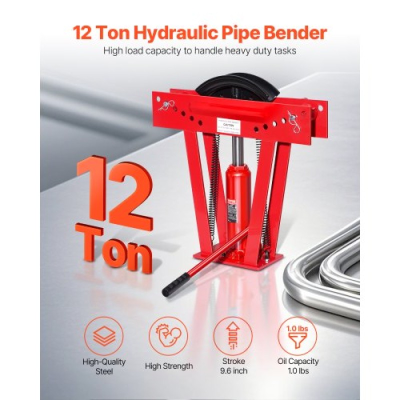 VEVOR Hydraulic Pipe Bender, 12 Ton Manual Copper Exhaust Pipe Bending Machine with 6 Die (1/2" - 2") και ρυθμιζόμενους κυλίνδρους 90 - 180°, Bender σωλήνα βαρέως τύπου για κατασκευή κιγκλιδώματος σωληνώσεων