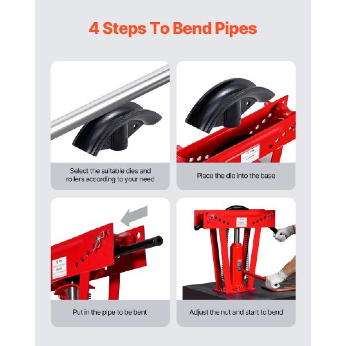 VEVOR Hydraulic Pipe Bender, 12 Ton Manual Copper Exhaust Pipe Bending Machine with 6 Die (1/2" - 2") και ρυθμιζόμενους κυλίνδρους 90 - 180°, Bender σωλήνα βαρέως τύπου για κατασκευή κιγκλιδώματος σωληνώσεων