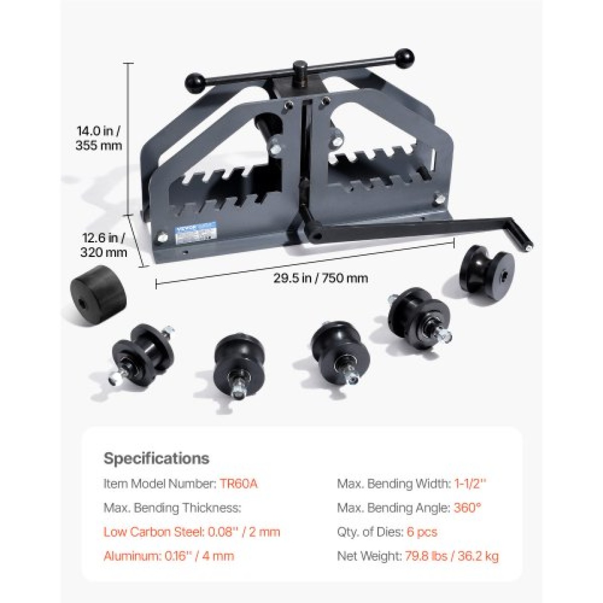 VEVOR Tube Roller Bender, Max 1-1/2" Manual Tube Roller Bender με 6 μήτρες, Εργαλείο κάμψης σωλήνων αλουμινίου χαλκού 360° για τετράγωνο, στρογγυλό σωλήνα & επίπεδη ράβδο, Ιδανικό για επισκευή αυτοκινήτων κλιματισμού HVAC