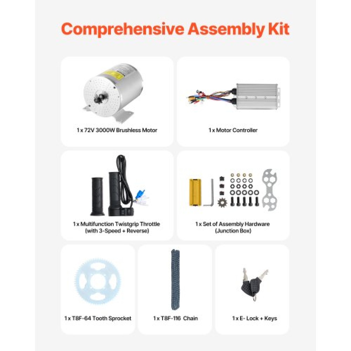 VEVOR 3000W Electric Brushless Motor Kit - Μοτέρ 72V 4900 rpm με αναβαθμισμένο ελεγκτή ταχύτητας και κιτ λαβής γκαζιού για Go Karts E-Bike Μοτοσικλέτα Scooter DIY