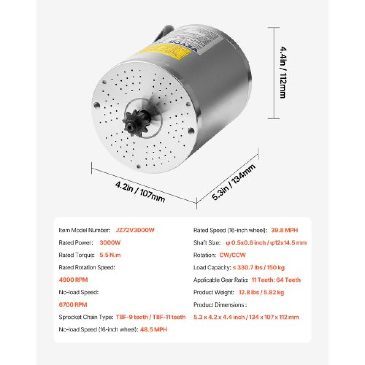 VEVOR 3000W Electric Brushless Motor Kit - Κινητήρας 72V 4900rpm με αναβαθμισμένο ελεγκτή ταχύτητας για σκούτερ μοτοσικλέτας Go Karts E-Bike