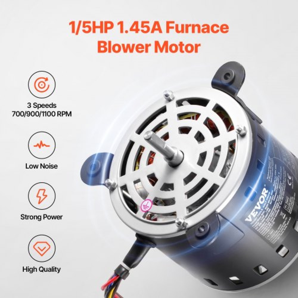 VEVOR 1/5HP Furnace Blower Motor 220V 1.45A 1100RPM 3-Speed 8μF/450V Capacitor