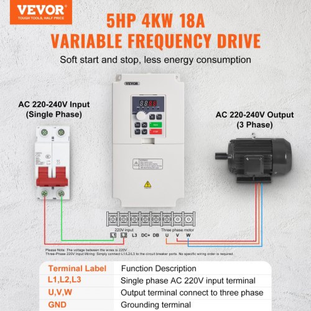 VEVOR VFD 5HP 4KW 18A 1 or 3 Phase AC 220V Input to 3 Phase AC 0~220V Output