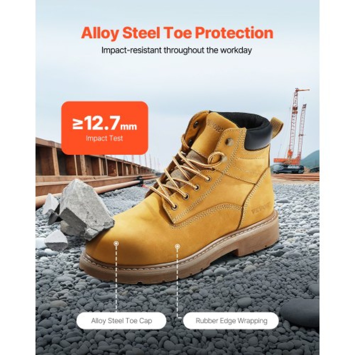 Μπότες εργασίας VEVOR Steel Toe, UK Size 8, Αδιάβροχες μπότες εργασίας για άνδρες, Αντιολισθητικές μπότες εργασίας, Ανδρικές μπότες από ελαφρύ και αναπνεύσιμο ελαστικό πάτο για βιομηχανικές κατασκευές, καφέ κίτρινο