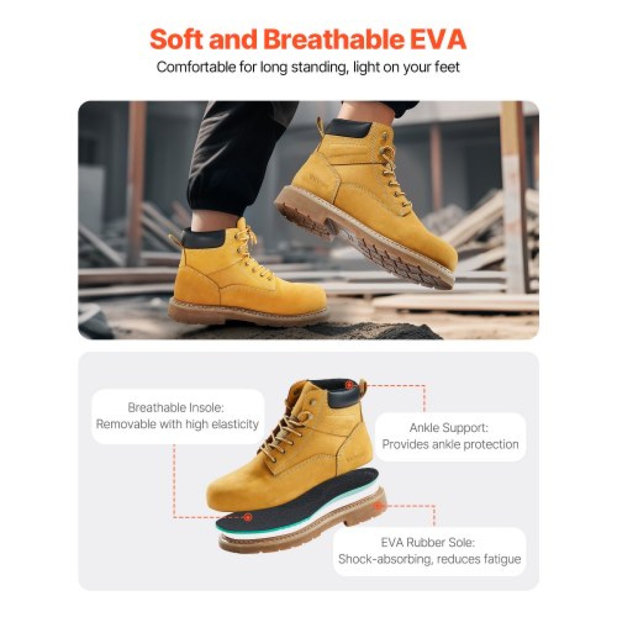 Μπότες εργασίας VEVOR Steel Toe, μέγεθος UK 7,5, Αδιάβροχες μπότες εργασίας για άνδρες, αντιολισθητικές μπότες εργασίας, ελαφριές και αναπνέουσες ανδρικές μπότες από καουτσούκ για βιομηχανικές κατασκευές, καφέ κίτρινο
