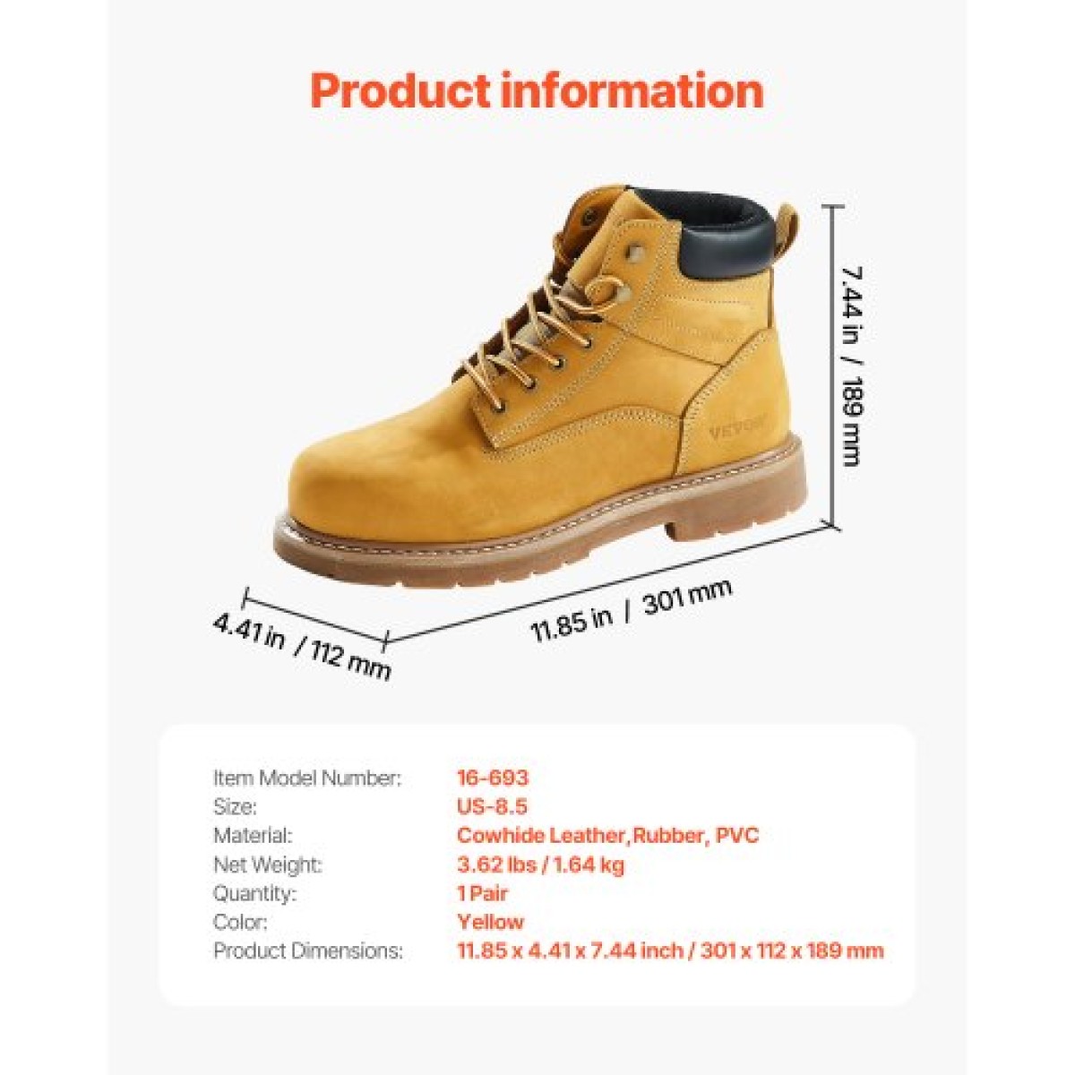 Μπότες εργασίας VEVOR Steel Toe, μέγεθος UK 7,5, Αδιάβροχες μπότες εργασίας για άνδρες, αντιολισθητικές μπότες εργασίας, ελαφριές και αναπνέουσες ανδρικές μπότες από καουτσούκ για βιομηχανικές κατασκευές, καφέ κίτρινο