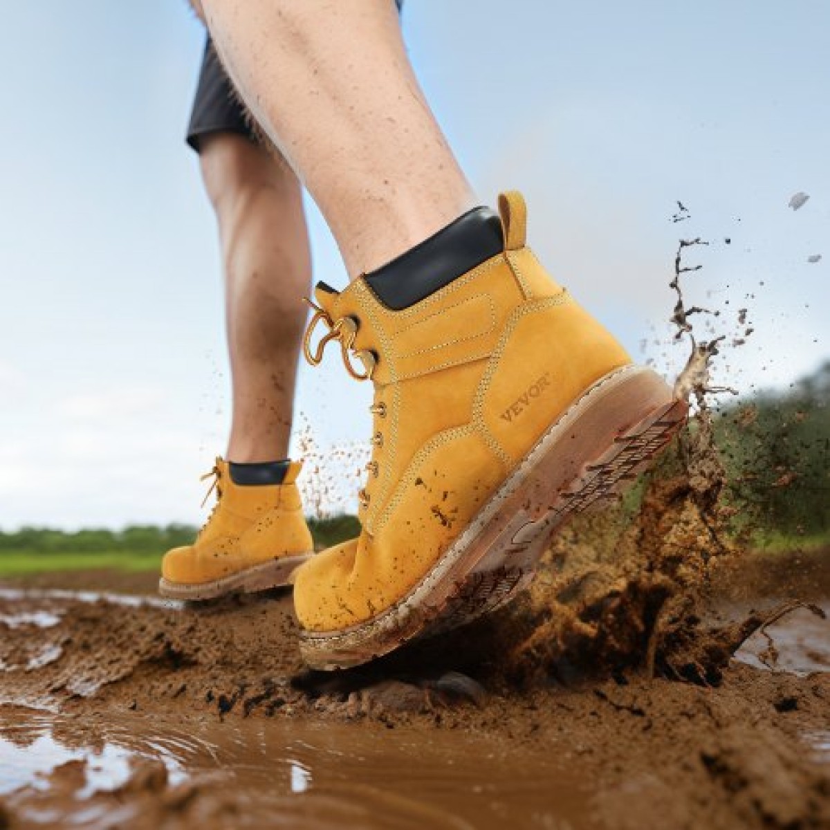Μπότες εργασίας VEVOR Steel Toe, μέγεθος UK 7,5, Αδιάβροχες μπότες εργασίας για άνδρες, αντιολισθητικές μπότες εργασίας, ελαφριές και αναπνέουσες ανδρικές μπότες από καουτσούκ για βιομηχανικές κατασκευές, καφέ κίτρινο