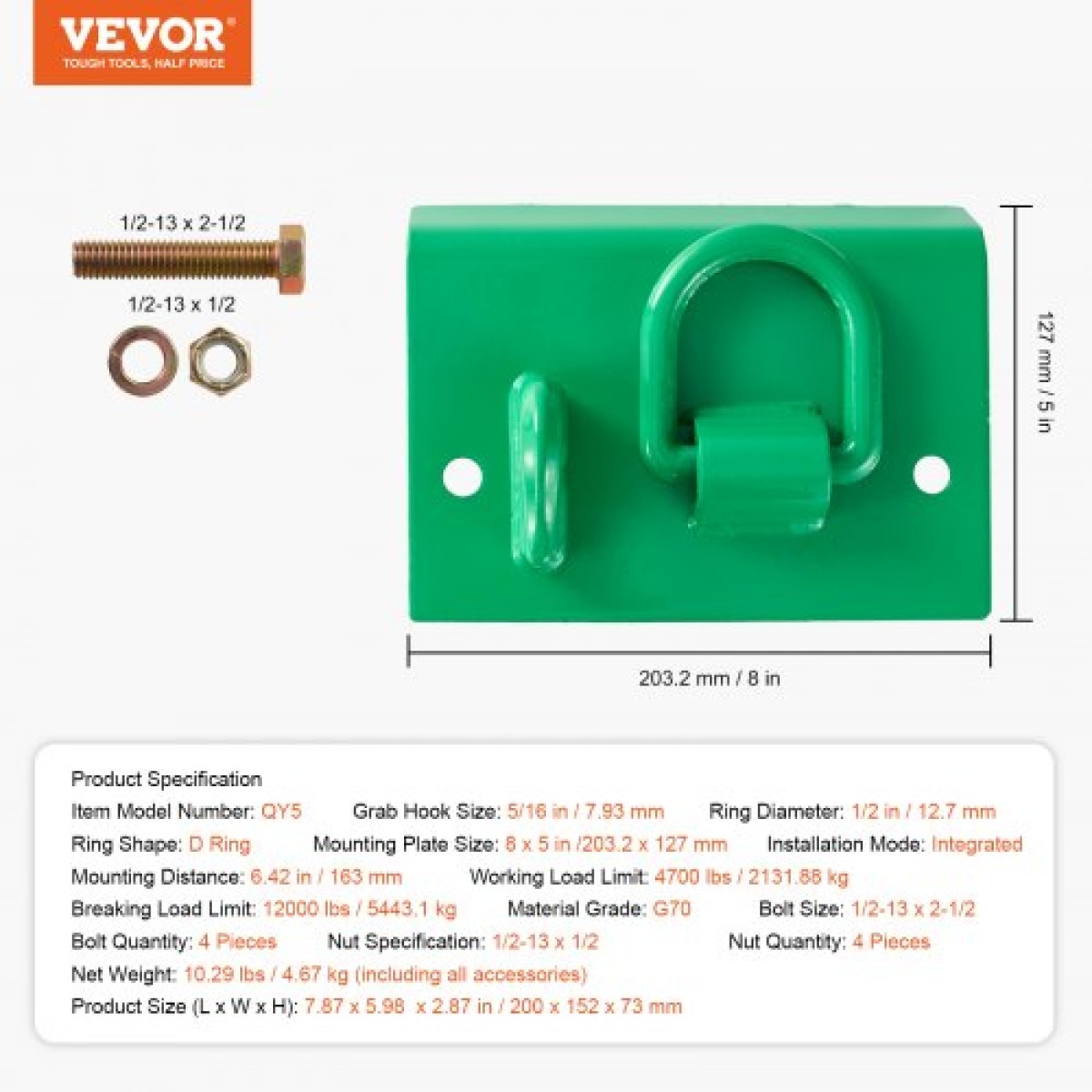Γάντζος κάδου τρακτέρ VEVOR 5/16" με δακτύλιο πρόσδεσης, σφυρήλατο ατσάλι 2 πακέτου 2 Pack με μπουλόνι γάντζο με πίσω πλάκα Συμβατό για φορτηγό RV UTV με κάδο τρακτέρ, μέγιστη αντοχή θραύσης 12.000 λίβρες, πράσινο