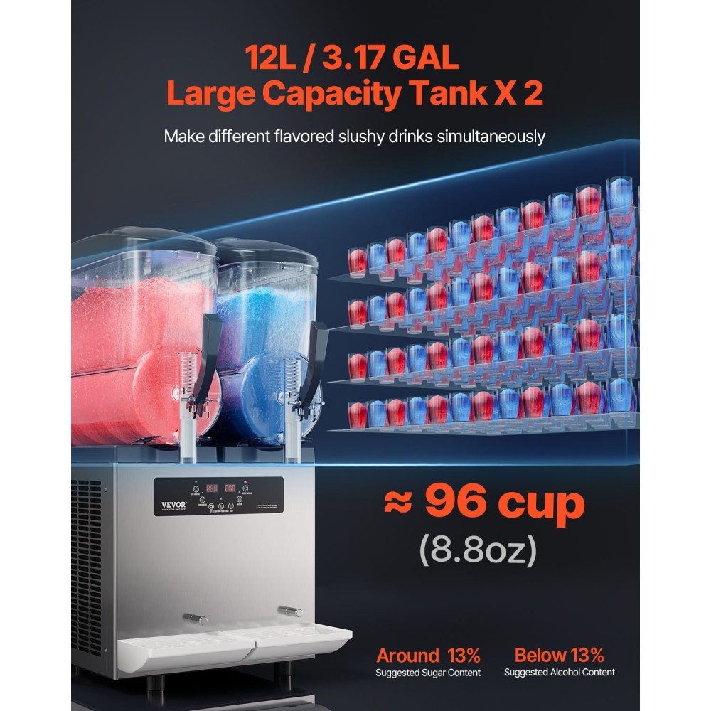 VEVOR Commercial Slushy Machine, 12Lx2 Double Tank Frozen Drink Machine, 96 Cups Stainless Steel Margarita Smoothie Frozen Drink Maker, Slushie Maker for Home Party Restaurants Cafe Bar