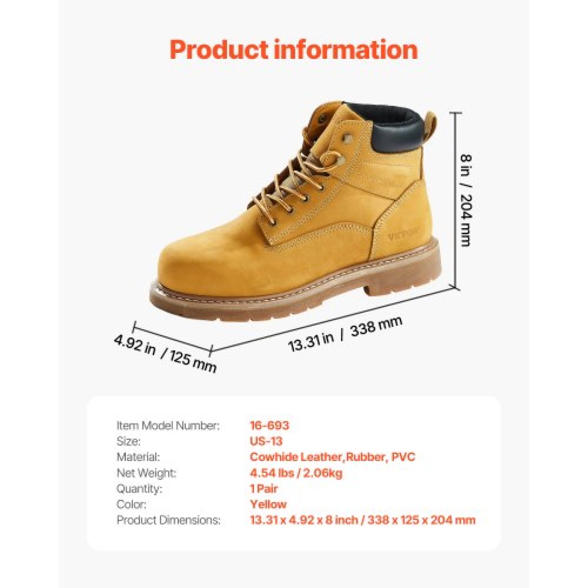 Μπότες εργασίας VEVOR Steel Toe, UK Size 12, Αδιάβροχες μπότες εργασίας για άνδρες, Αντιολισθητικές μπότες εργασίας, Ανδρικές μπότες από ελαφρύ και αναπνεύσιμο ελαστικό πάτο για βιομηχανικές κατασκευές, καφέ κίτρινο