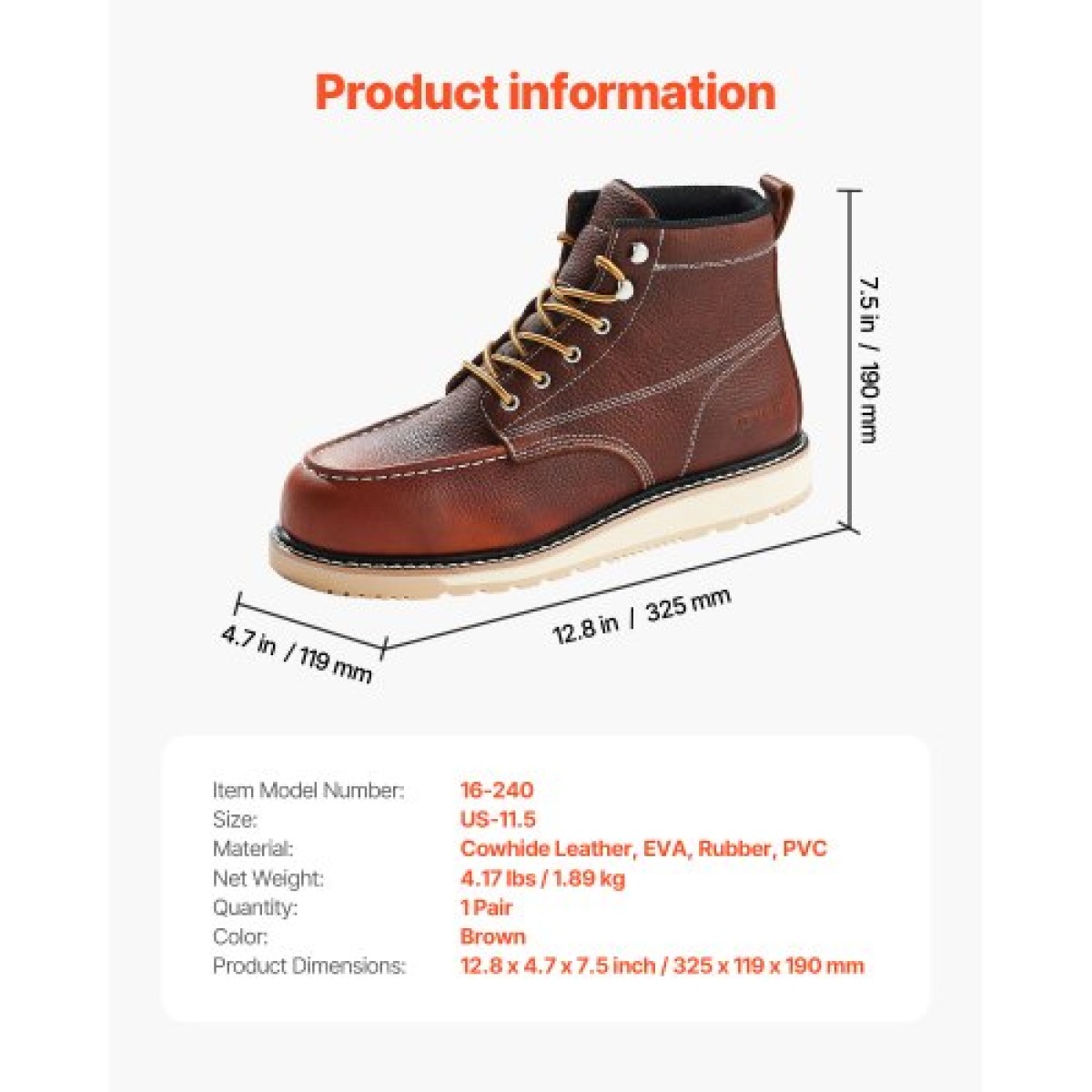 Μπότες εργασίας VEVOR Steel Toe, UK Size 10,5, Αδιάβροχες ανδρικές μπότες εργασίας Moc Toe, Αντιολισθητικές μπότες εργασίας, Ελαφρύ και αναπνεύσιμο ανδρικές μπότες από καουτσούκ EVA για βιομηχανικές κατασκευές, καφέ