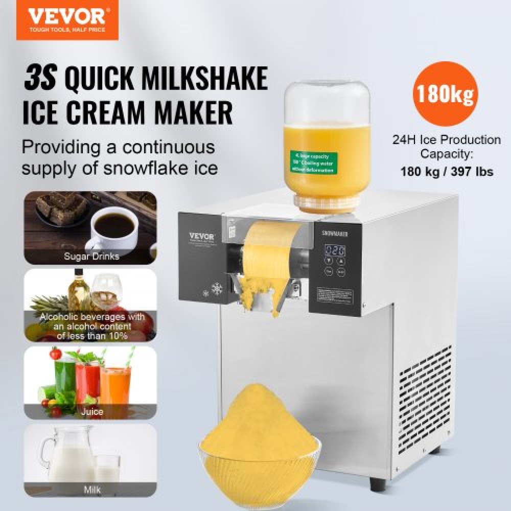 VEVOR Commercial Snowflake Ice Machine, 397LBS/24H Snowflake Ice Maker, Ανοξείδωτο ατσάλι Ice Shaver Machine, Electric Snow Cone Maker, Air Cooling System for Rapid Dissipation θερμότητας, για αρτοποιείο, Cafe