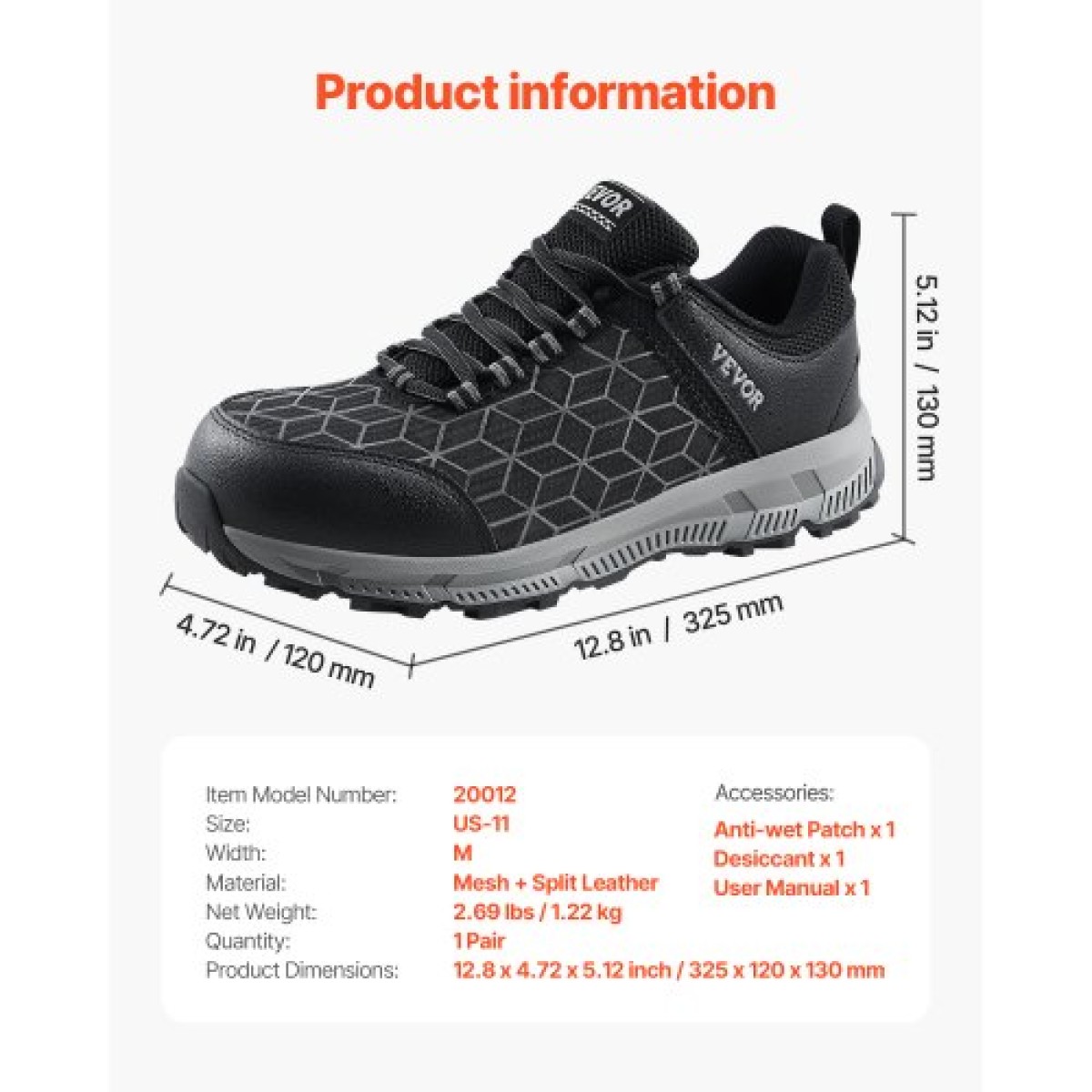 Ανδρικά παπούτσια VEVOR Steel Toe, US Size 11, Ανδρικό μαξιλάρι Sport Safety Toe αθλητικό παπούτσι εργασίας, άφθαρτα αθλητικά παπούτσια ασφαλείας Ελαφρύ, αναπνεύσιμα παπούτσια εργασίας κατασκευαστικής βιομηχανίας, μαύρα