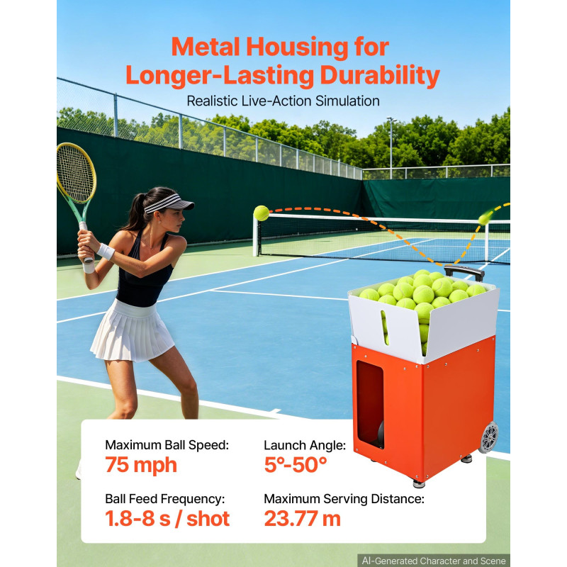 VEVOR Tennis Ball Machine Auto Portable Ball Launcher για πρακτική προπόνηση, με τηλεχειριστήριο εφαρμογής, χωρητικότητα 110 μπάλας, έλεγχο περιστροφής, 20 λειτουργίες προπόνησης, διάρκεια ζωής μπαταρίας 4 ωρών και ταχύτητες έως 75 mph