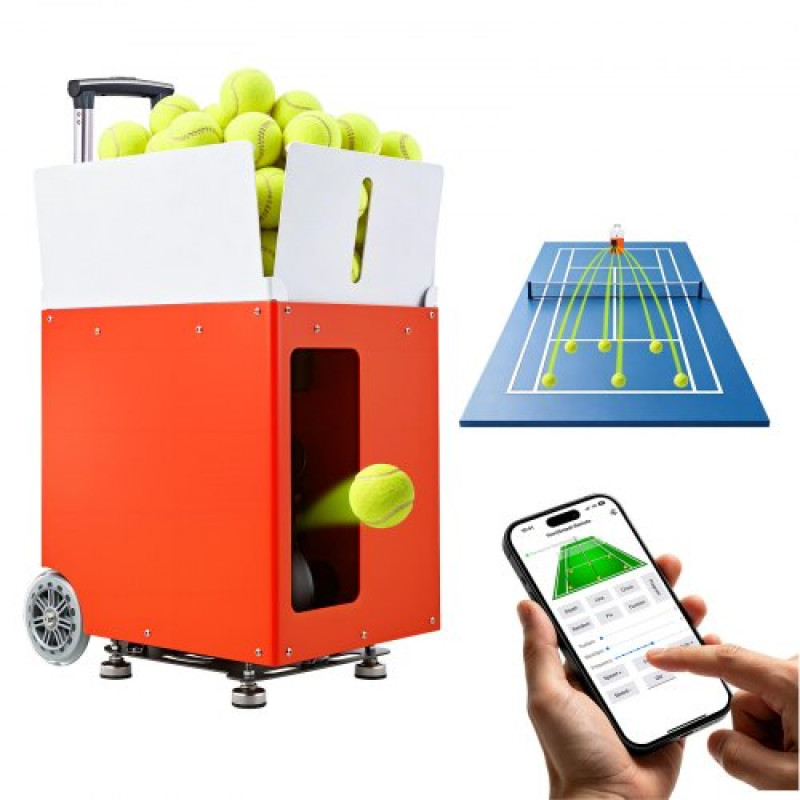 VEVOR Tennis Ball Machine Auto Portable Ball Launcher για πρακτική προπόνηση, με τηλεχειριστήριο εφαρμογής, χωρητικότητα 110 μπάλας, έλεγχο περιστροφής, 20 λειτουργίες προπόνησης, διάρκεια ζωής μπαταρίας 4 ωρών και ταχύτητες έως 75 mph