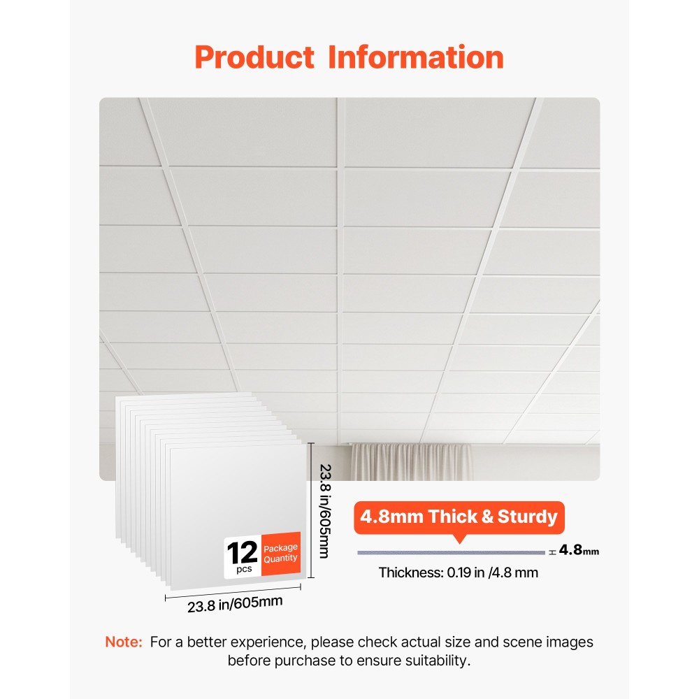 VEVOR 605x605mm Πλακάκια οροφής PVC 12-συσκευασίας Πάνελ οροφής Drop Λευκό, PVC αφρός, Εφαρμογή πλέγματος, Αδιάβροχο, Ευέλικτη κοπή, Εύκολο στο καθάρισμα, Μοντέρνα Διακοσμητικά για Σπίτι, Γραφείο, Κουζίνα, Σαλόνι