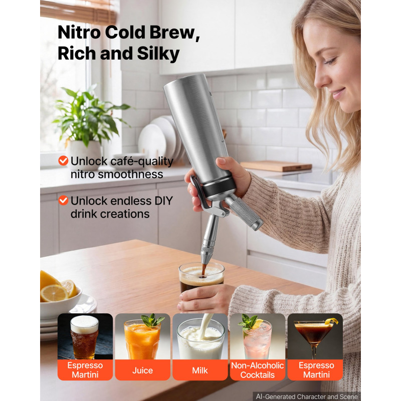 VEVOR Nitro Cold Brew Coffee Maker 0,5L Nitrogen Dispenser System, Home Brew Coffee Keg, φορητός εγχυτήρας αζώτου με διανομέα και βαλβίδα εκτόνωσης πίεσης, δώρο για τους λάτρεις του καφέ