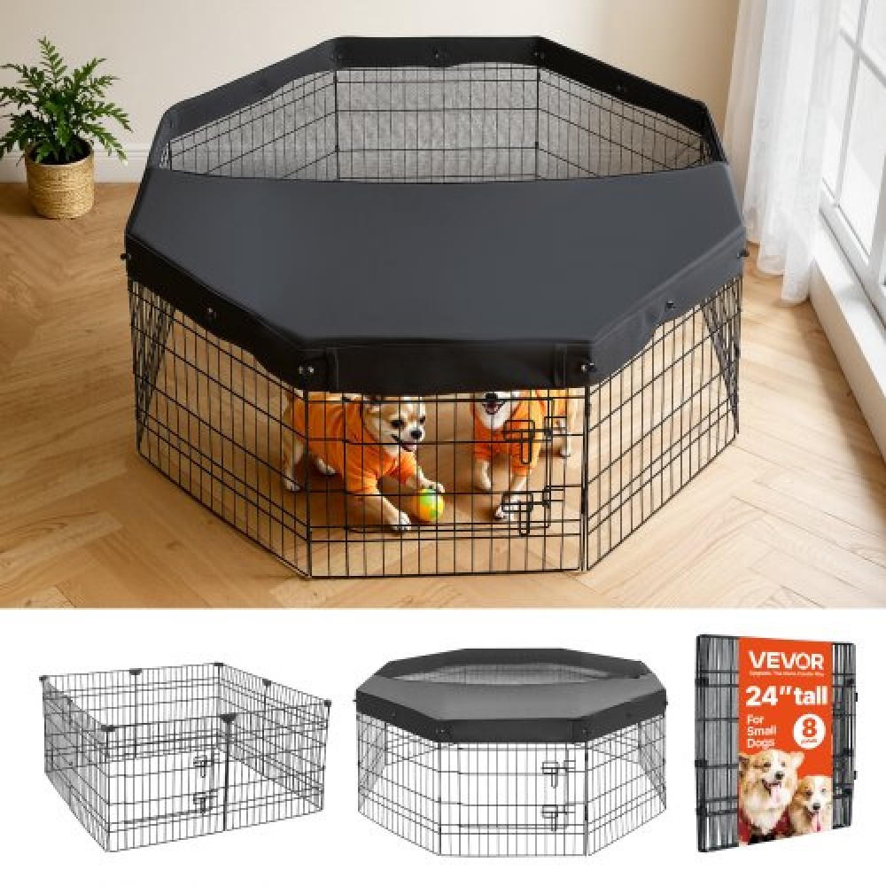 Παρκοκρέβατο VEVOR Dog 61 cm 8 πάνελ Πτυσσόμενο μεταλλικό στυλό γυμναστικής με επάνω κάλυμμα, φράχτη για κατοικίδια εσωτερικού χώρου με πόρτα, ρείθρο για κουτάβια βαρέως τύπου, φράχτη παρκοκρέβατο για σκύλους, γάτες και άλλα μικρά ζώα, μαύρο