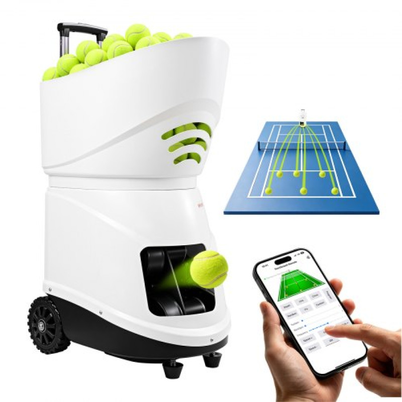 VEVOR Tennis Ball Machine Auto Portable Ball Launcher για πρακτική προπόνηση, με τηλεχειριστήριο εφαρμογής, χωρητικότητα 150 μπάλας, έλεγχο περιστροφής, 20 λειτουργίες προπόνησης, διάρκεια ζωής μπαταρίας 4 ωρών και ταχύτητες έως 80 mph