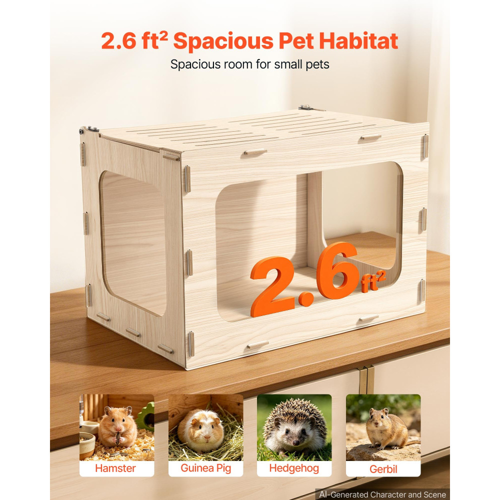 VEVOR Ξύλινο κλουβί χάμστερ 605 x 405 x 405 χιλ. 270° Ενδιαίτημα για χάμστερ, ανθεκτικό στη μάσηση μικρό κλουβί ζώων με ανοιγόμενη κορυφή, μεγάλο ξύλινο περίβλημα για συριακά/νάνους χάμστερ, ινδικά χοιρίδια, γερβίλια