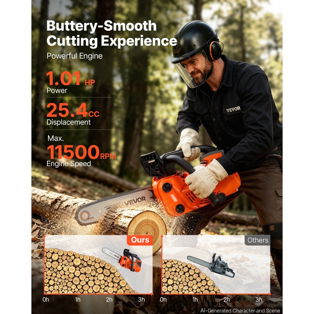 Αλυσοπρίονο VEVOR Gas Powered 304,8 mm 25,4CC 0,75kW 2χρονος Αλυσοπρίονο κινητήρα, για κοπή ξύλου, κοπή δέντρων και καθαρισμό γης, τσοκ με γκάζι, ηλεκτρικό αλυσοπρίονο με αντιολισθητική λαβή & διπλά ρεζερβουάρ