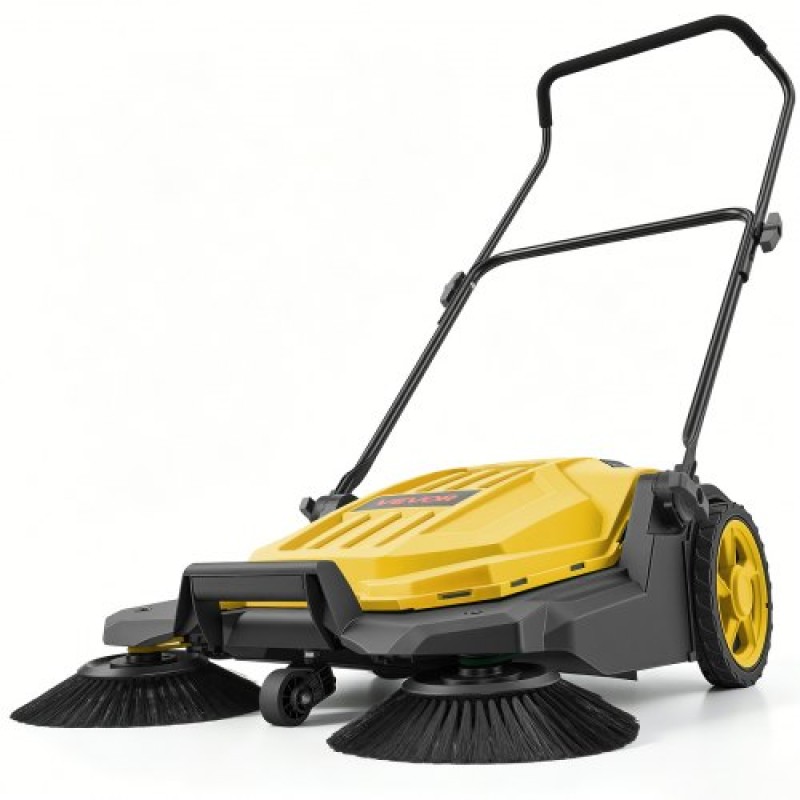 VEVOR Walk-Behind Hand Push Floor Sweeeper, Μη ηλεκτρικό μη ηλεκτρικό σάρωθρο δαπέδου με πλάτος σάρωσης 650 mm, δοχείο απορριμμάτων 18,9 λίτρων & ρυθμιζόμενη αναδιπλούμενη λαβή για Yards Walkways Patios Garages - Κίτρινο