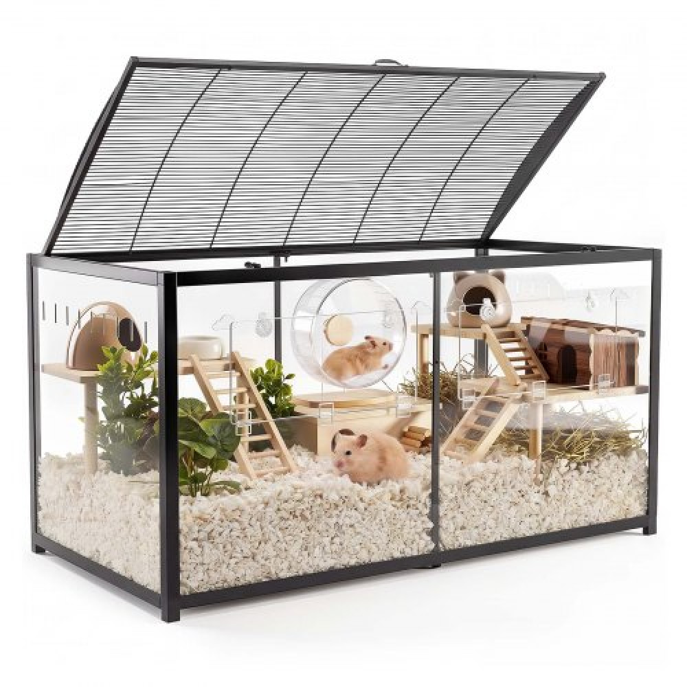 VEVOR Κλουβί χάμστερ 1200 x 600 x 645 mm 360° προβολή μεταλλικού βιότοπου χάμστερ, Διαφανές μικρό κλουβί ζώων με επάνω πρόσβαση & μπροστινή πόρτα, μεγάλο φορητό σπίτι για ινδικά χοιρίδια, Gerbil (0,7 m², Μαύρο)