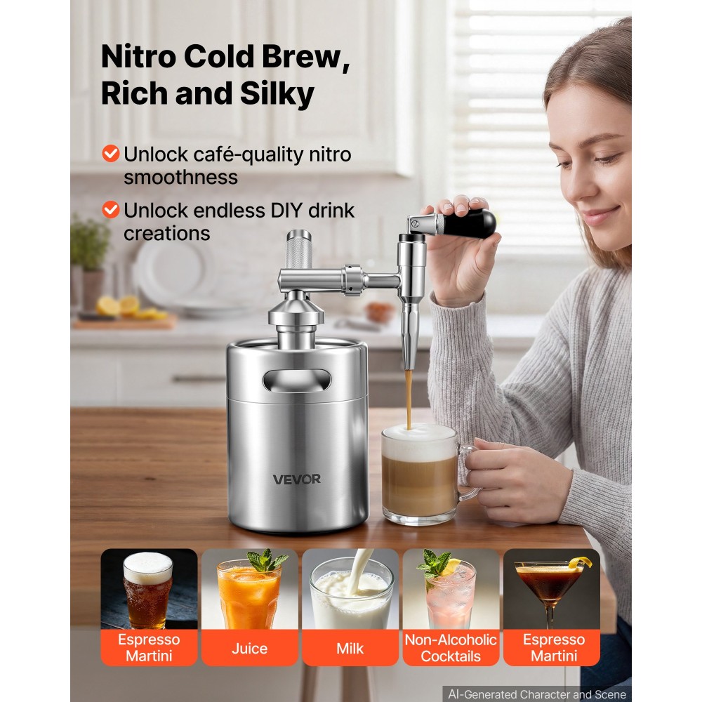 VEVOR Nitro Cold Brew Coffee Maker 2L Nitrogen Dispenser System, Home Brew Coffee Keg, φορητός εγχυτήρας αζώτου με διανομέα και βαλβίδα εκτόνωσης πίεσης, δώρο για τους λάτρεις του καφέ