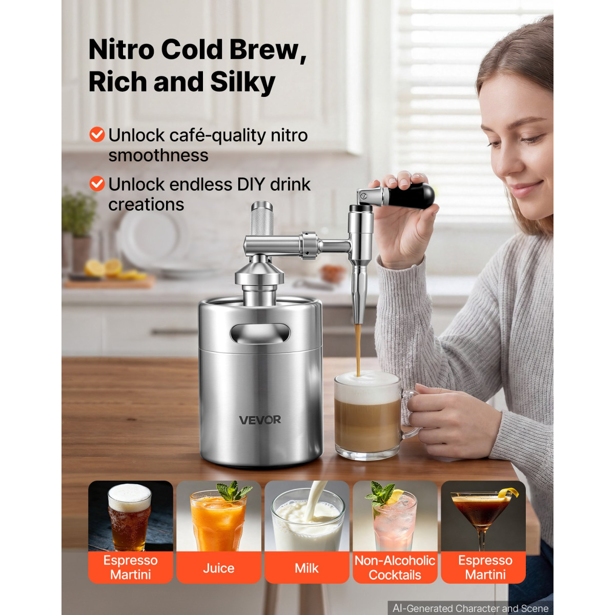 VEVOR Nitro Cold Brew Coffee Maker 2L Nitrogen Dispenser System, Home Brew Coffee Keg, φορητός εγχυτήρας αζώτου με διανομέα και βαλβίδα εκτόνωσης πίεσης, δώρο για τους λάτρεις του καφέ