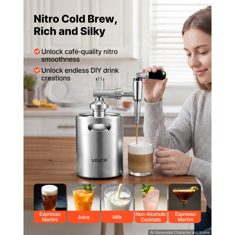VEVOR Nitro Cold Brew Coffee Maker 2L Nitrogen Dispenser System, Home Brew Coffee Keg, φορητός εγχυτήρας αζώτου με διανομέα και βαλβίδα εκτόνωσης πίεσης, δώρο για τους λάτρεις του καφέ