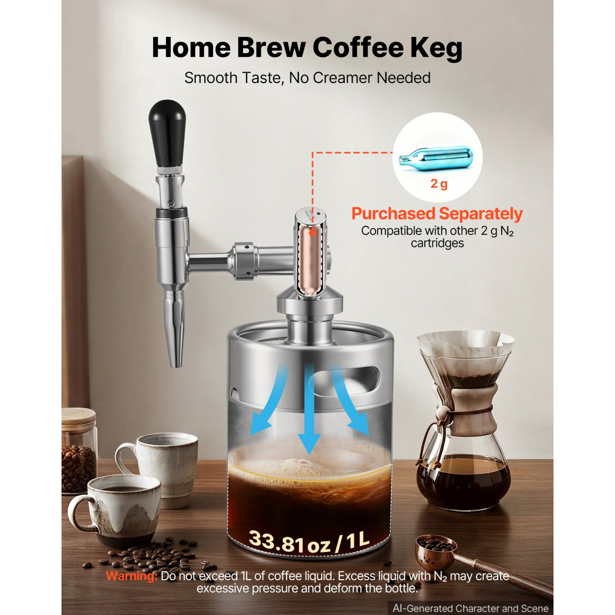 VEVOR Nitro Cold Brew Coffee Maker 2L Nitrogen Dispenser System, Home Brew Coffee Keg, φορητός εγχυτήρας αζώτου με διανομέα και βαλβίδα εκτόνωσης πίεσης, δώρο για τους λάτρεις του καφέ