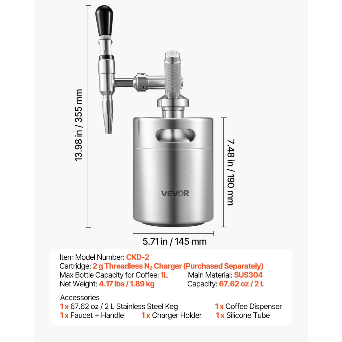 VEVOR Nitro Cold Brew Coffee Maker 2L Nitrogen Dispenser System, Home Brew Coffee Keg, φορητός εγχυτήρας αζώτου με διανομέα και βαλβίδα εκτόνωσης πίεσης, δώρο για τους λάτρεις του καφέ