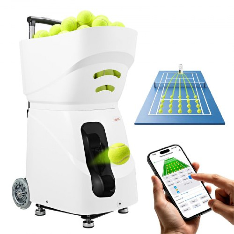 VEVOR Tennis Ball Machine Auto Portable Ball Launcher για πρακτική προπόνηση, με τηλεχειριστήριο εφαρμογής, χωρητικότητα μπάλας 110, έλεγχο περιστροφής, 21 λειτουργίες προπόνησης, διάρκεια ζωής μπαταρίας 4 ωρών και ταχύτητες έως 75 mph