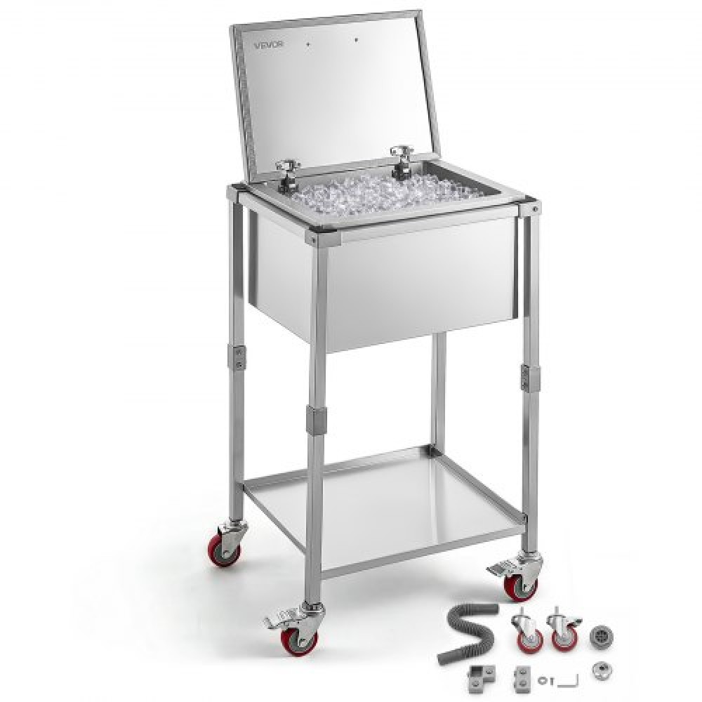 VEVOR Rolling Ice Cooler Cart από ανοξείδωτο ατσάλι, κάδος ψύξης 54,6 L, καρότσι ψύξης εξωτερικού χώρου με ρόδες, αναποδογυρισμένο καπάκι και ράφι, για κρύα ποτά στο Patio Backyard Party Bar, 558 x 455 x 1003 mm
