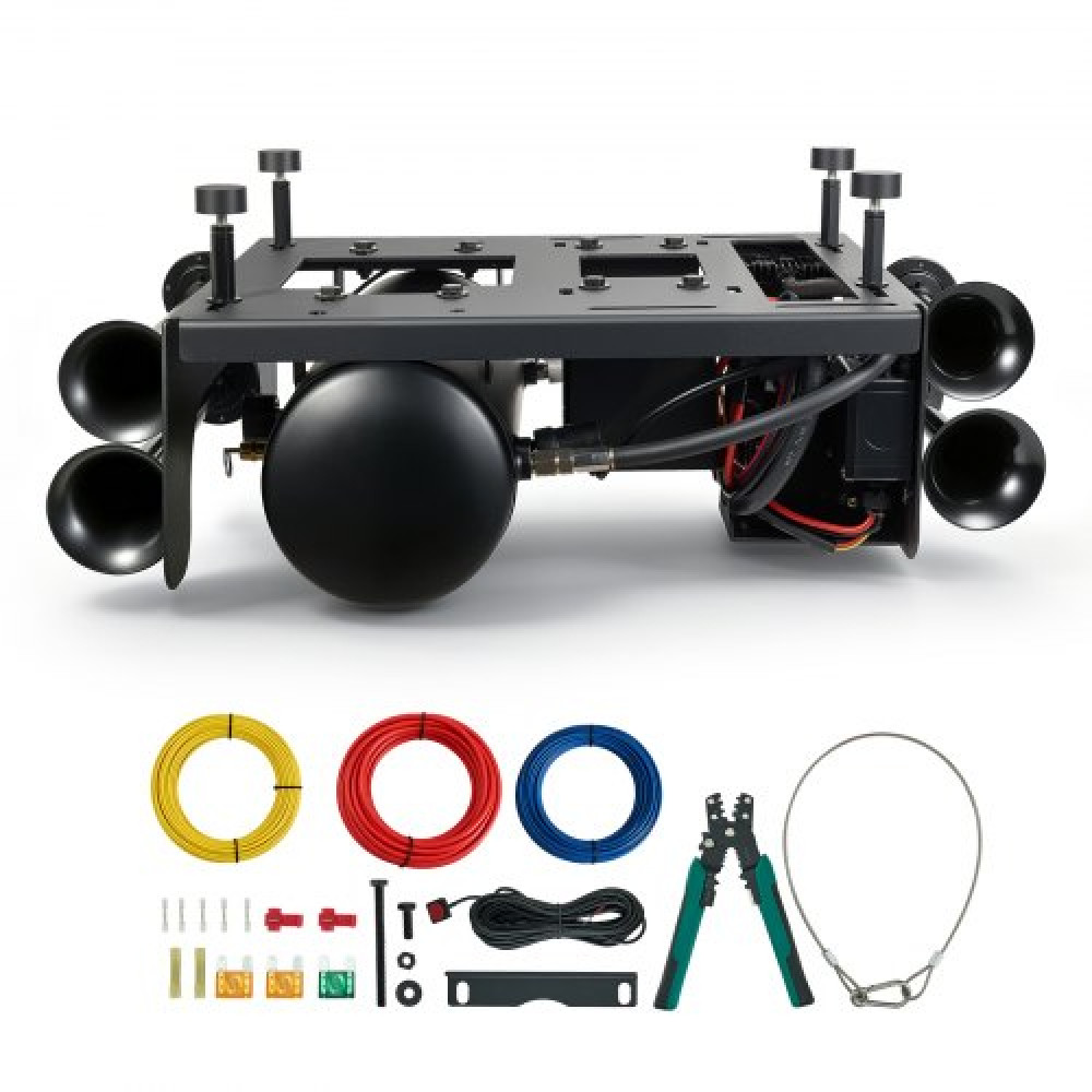 VEVOR 4-Trumpet Air Horn Kit με δεξαμενή αεροσυμπιεστή 150 PSI 10L, 150dB Super Loud Train Air Horn, Ισχυρή διείσδυση, μετρητής πίεσης, στεγανότητα, βαρέως τύπου, Ταιριάζει σε οχήματα SUV 12V φορτηγών εκτός δρόμου