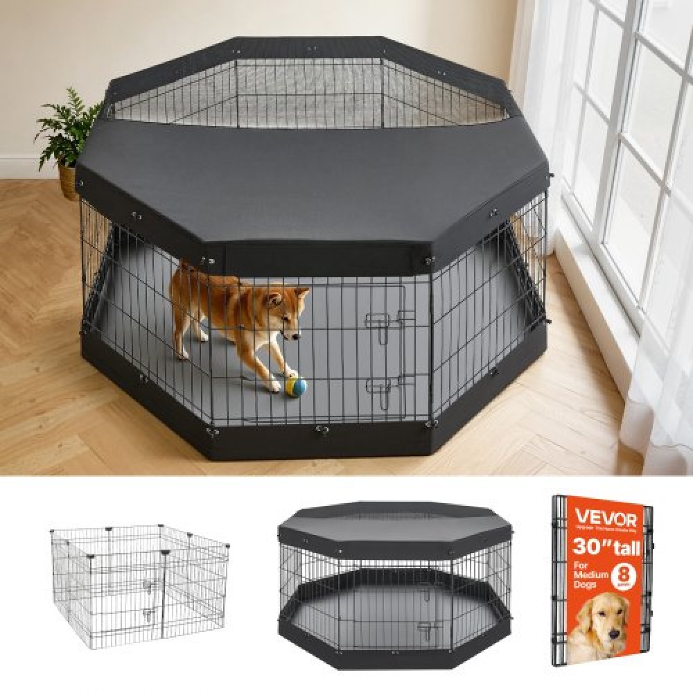 Στυλό γυμναστικής VEVOR Dog 76 cm 8 πάνελ με επάνω κάλυμμα & κάτω μαξιλαράκι, Πτυσσόμενος μεταλλικός φράχτης για κατοικίδια εσωτερικά με πόρτα, στυλό βαρέως τύπου Puppy Crate για σκύλους, γάτες και άλλα μικρά ζώα, μαύρο