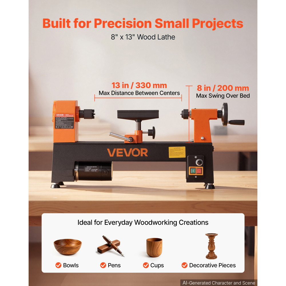VEVOR Wood Lathe 1/3 HP 200x330 mm Mini Benchtop Wood Lathe Variable Speed, 150 έως 3200 RPM, Ξυλουργική μηχανή με στήριγμα εργαλείων, κλειδιά, πόδια, για αρχάριους λάτρεις του DIY Επεξεργασία ξύλου, ξυλουργική