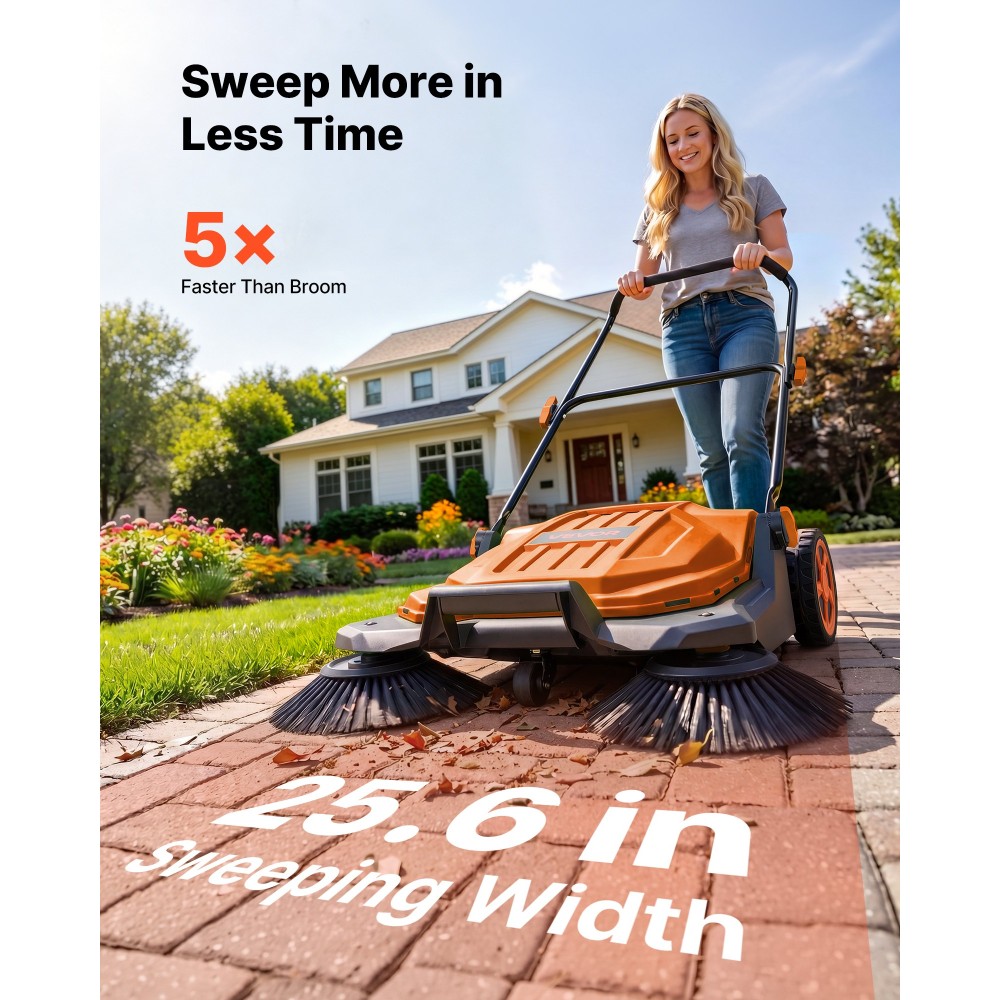 VEVOR Walk-Behind Hand Push Floor Sweeper, Μη ηλεκτρικό μη ηλεκτρικό σάρωθρο δαπέδου με πλάτος σάρωσης 650 mm, δοχείο απορριμμάτων 18,9 λίτρων & ρυθμιζόμενη αναδιπλούμενη λαβή για Yards Walkways Patios Garages - Orange