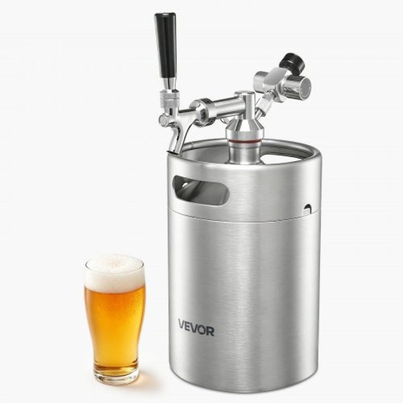 Μίνι βαρέλι VEVOR 5L, Σύστημα βρύσης υπό πίεση, κιτ μπύρας από ανοξείδωτο ατσάλι 304, με ρυθμιστή Co2, αυτοκλειόμενη βρύση, διατηρεί τη φρεσκάδα και την ενανθράκωση για οικιακή παρασκευή, χειροτεχνία και βαρελίσια μπύρα