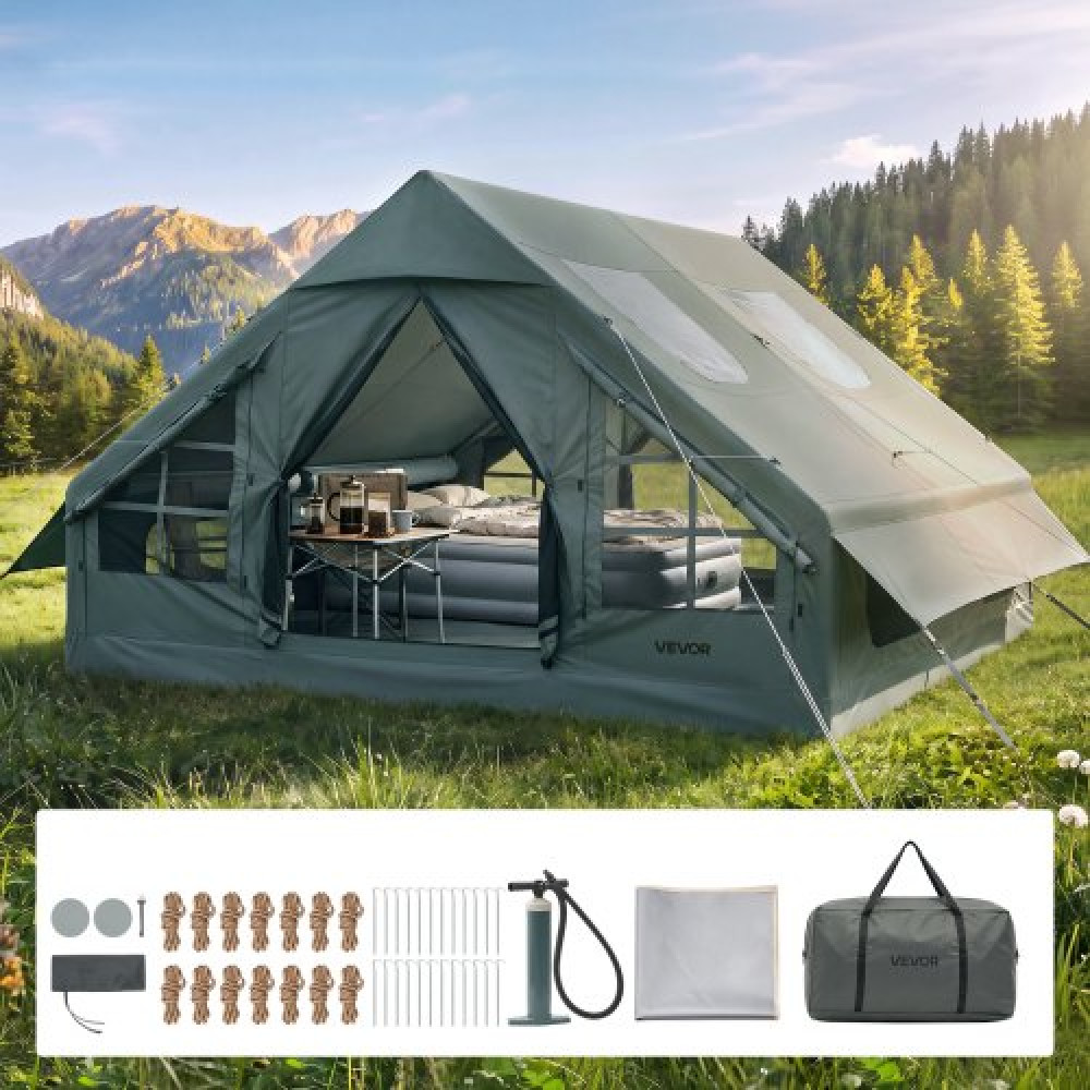 Φουσκωτή σκηνή VEVOR για Κάμπινγκ 5-8 Ατόμων Blow Up Ten with Hand Pump, for Family Outdoor Glamping, Αδιάβροχη 420D Oxford, Easy Setup Air House με φεγγίτη, τζάκι για σόμπα, δικτυωτά παράθυρα & τσάντα μεταφοράς