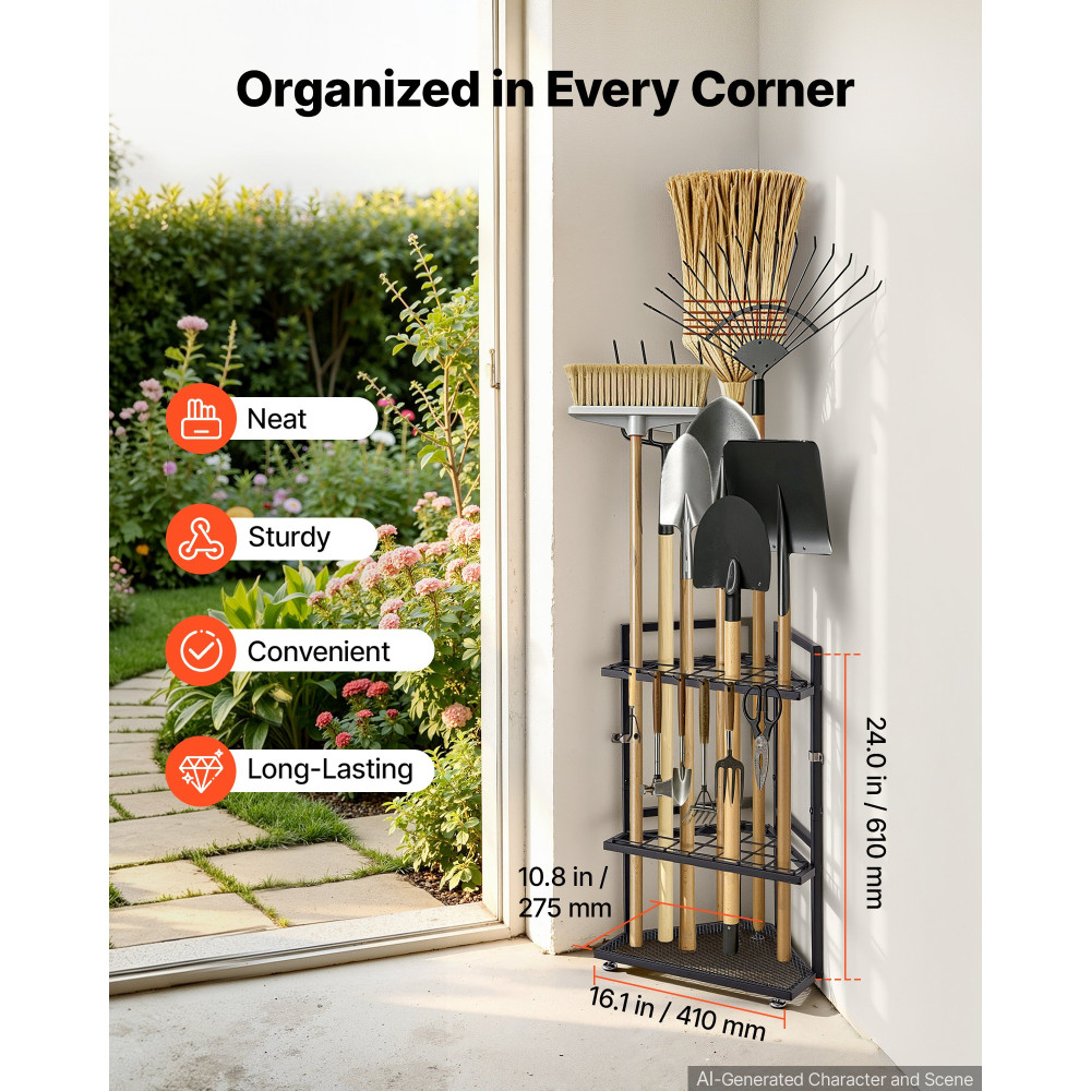 VEVOR Garden Tool Organizer για Γωνιακό, 17 Υποδοχές, Μεταλλική σχάρα αποθήκευσης γκαράζ, για τσουγκράνες/φτυάρια/σκούπες, θήκη βοηθητικών εργαλείων αυλής για υπόστεγο/εξωτερική οργάνωση/γκαζόν, ατσάλι βαρέως τύπου, με γάντζους, μαύρο