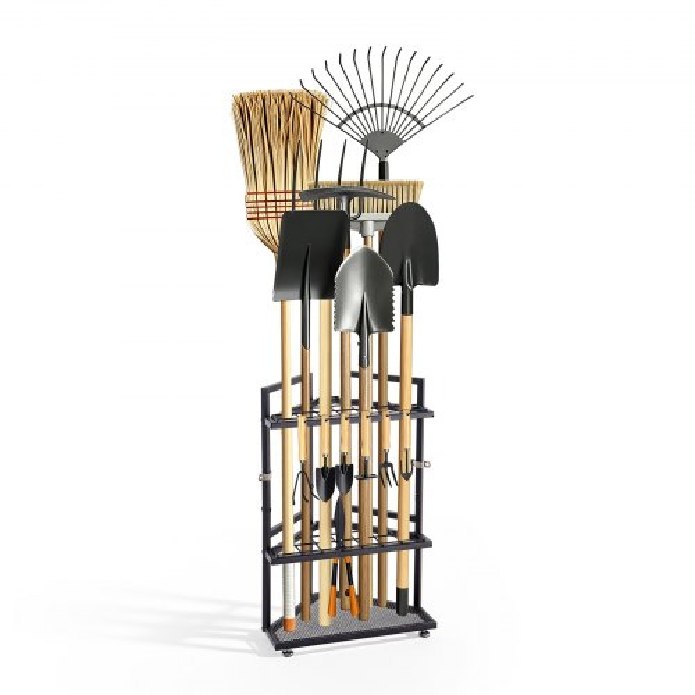 VEVOR Garden Tool Organizer για Γωνιακό, 17 Υποδοχές, Μεταλλική σχάρα αποθήκευσης γκαράζ, για τσουγκράνες/φτυάρια/σκούπες, θήκη βοηθητικών εργαλείων αυλής για υπόστεγο/εξωτερική οργάνωση/γκαζόν, ατσάλι βαρέως τύπου, με γάντζους, μαύρο