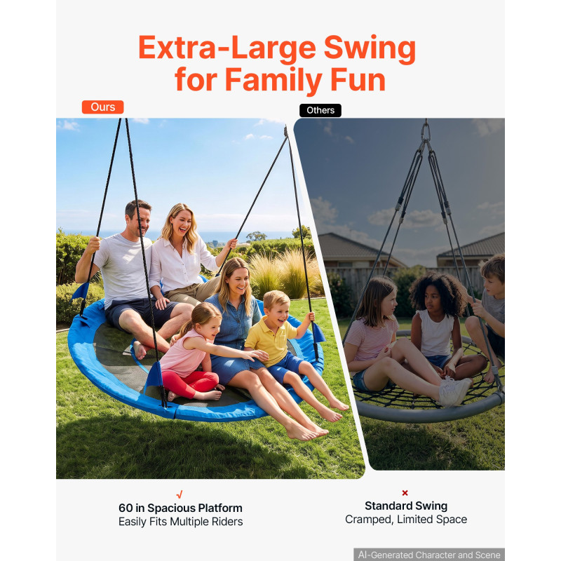 VEVOR Tree Swing 149 cm Πιατάκι Κούνια για Παιδιά Ενήλικες 317 kg Χωρητικότητα, για Backyard Outdoor & Indoor, 360° Περιστροφή, 900D Oxford Fabric Στρογγυλό Κάθισμα με 2 Κρεμαστά λουριά & Ρυθμιζόμενα Σχοινιά, Μπλε