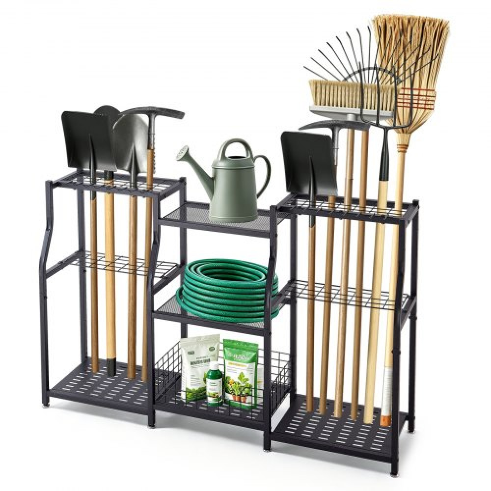 VEVOR Garden Tool Organizer, Μεταλλική σχάρα αποθήκευσης γκαράζ 3 επιπέδων υψηλής χωρητικότητας, για τσουγκράνες/φτυάρια/σκούπες, θήκη βοηθητικών εργαλείων αυλής για υπόστεγο/εξωτερική οργάνωση/γκαζόν, ατσάλι βαρέως τύπου, με γάντζους, μαύρο
