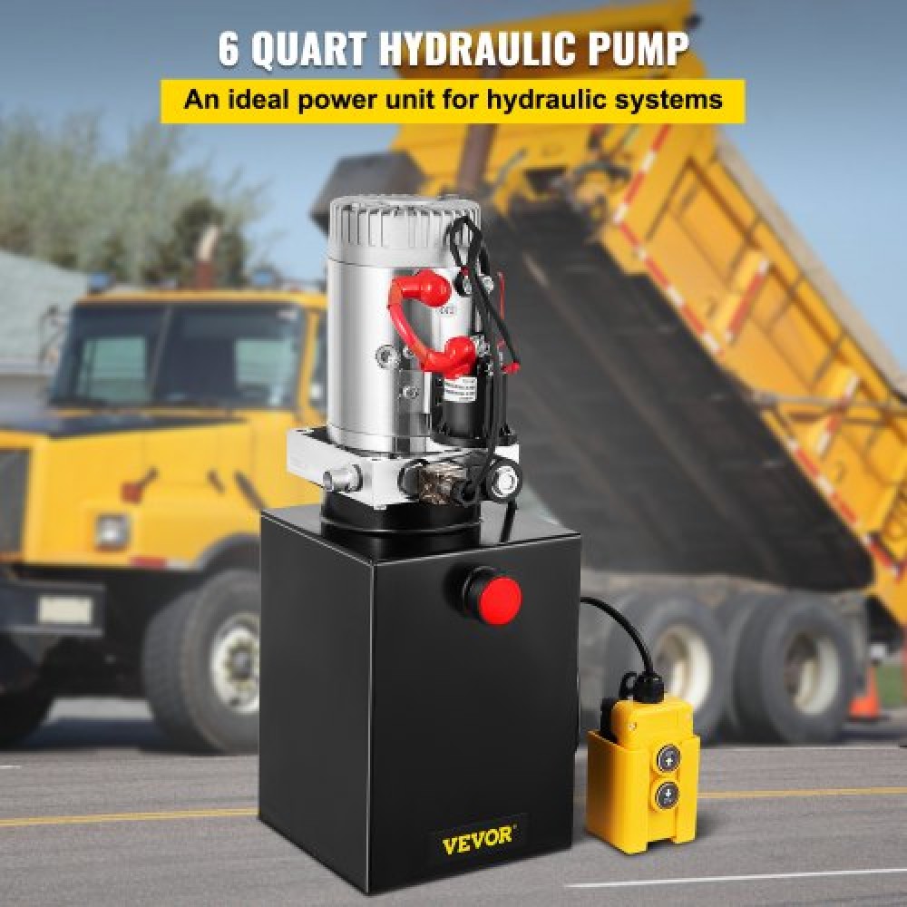 VEVOR 6L Hydraulic Pump Single-Acting Hydraulic Unit Dc12V, Single Acting Hydraulic Power Pack Tank Hand Pump 6 Quart 3200 PSI Max  6 Port Connector